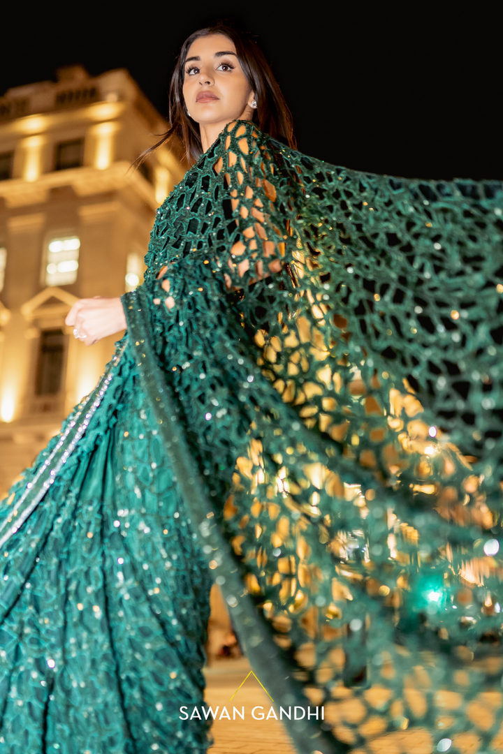 Bottle green cutwork saree