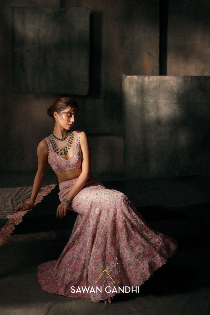 Blush pink fishcut applique lehenga
