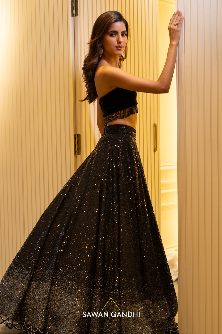 Grey to black ombre sequins lehenga