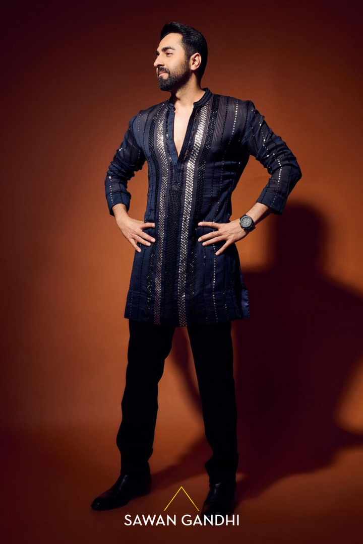 Ayushman Khurana in BLUE GICHA METAL SEQUINS KURTA