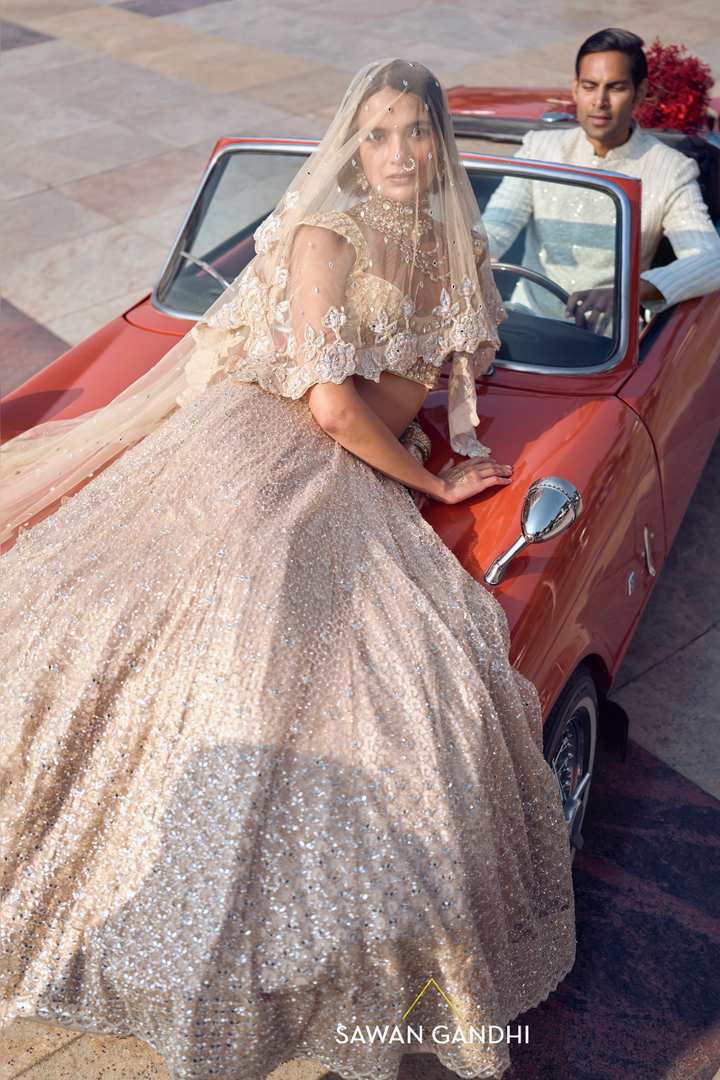 GOLDEN BEIGE MIRROR WORK LEHENGA