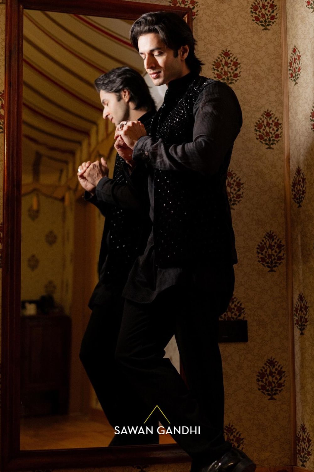 Siddharth Gupta in Black Velvet Cutdana Nehru