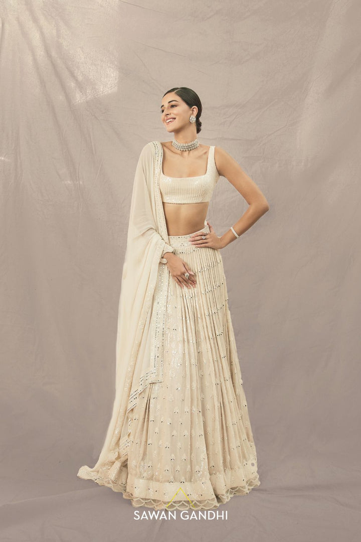 Ananya panday in Beige paani sequins mirror booti lehenga