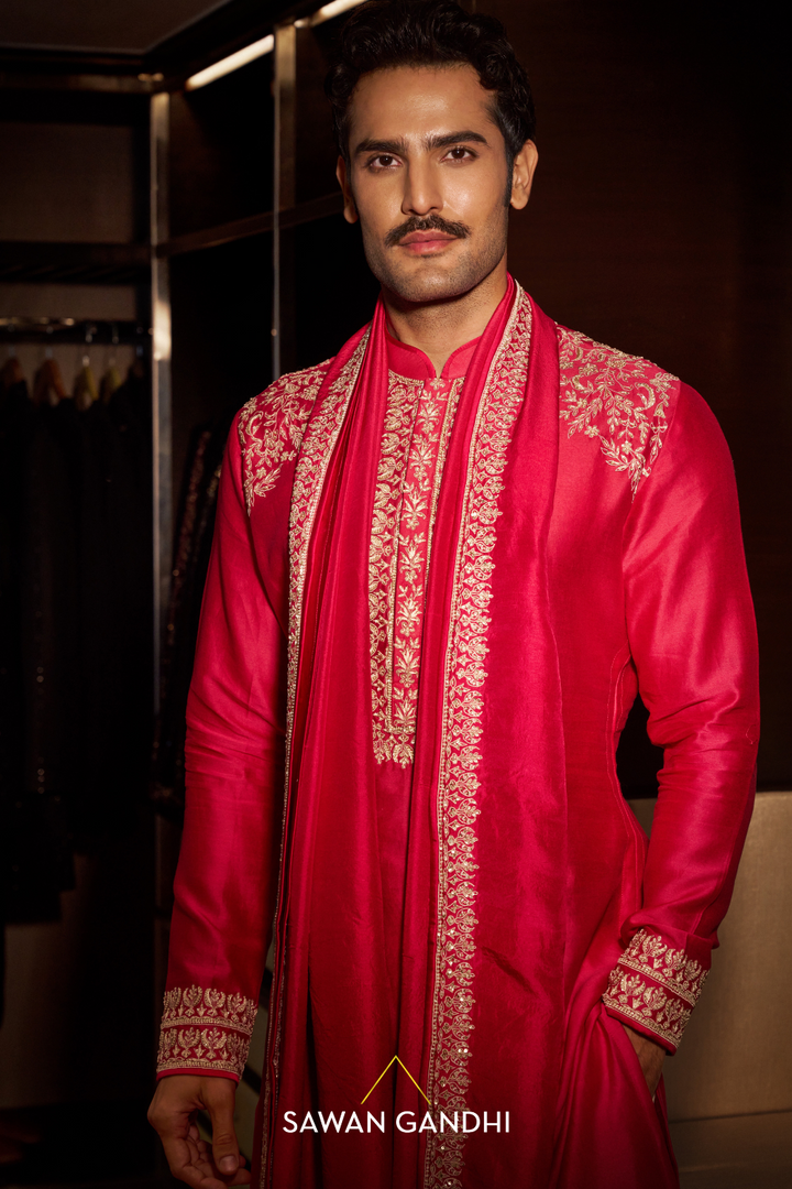 Hot pink thread embroidered kurta