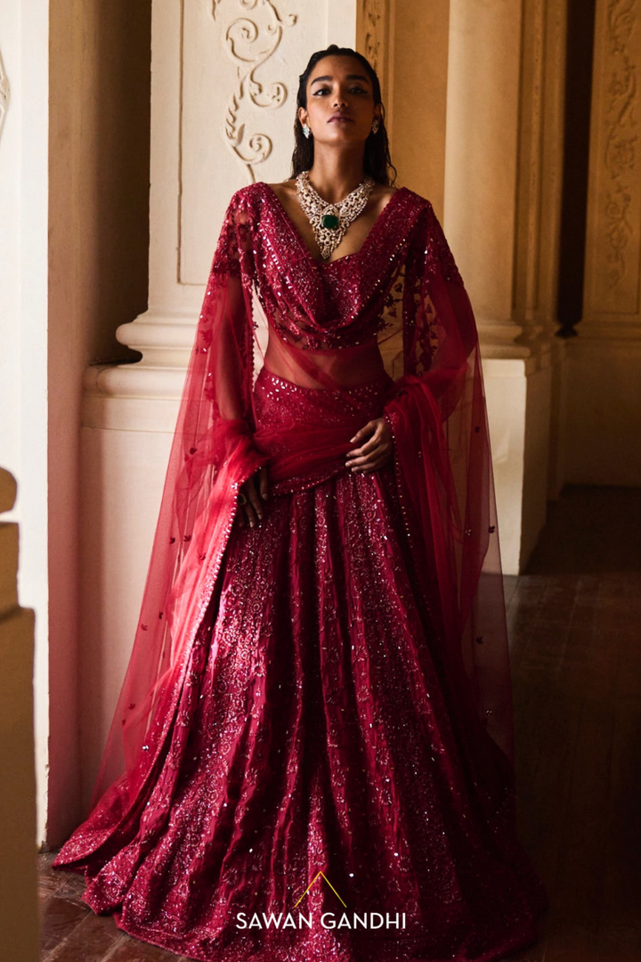 CRIMSON FLORAL CUTDANA LEHENGA