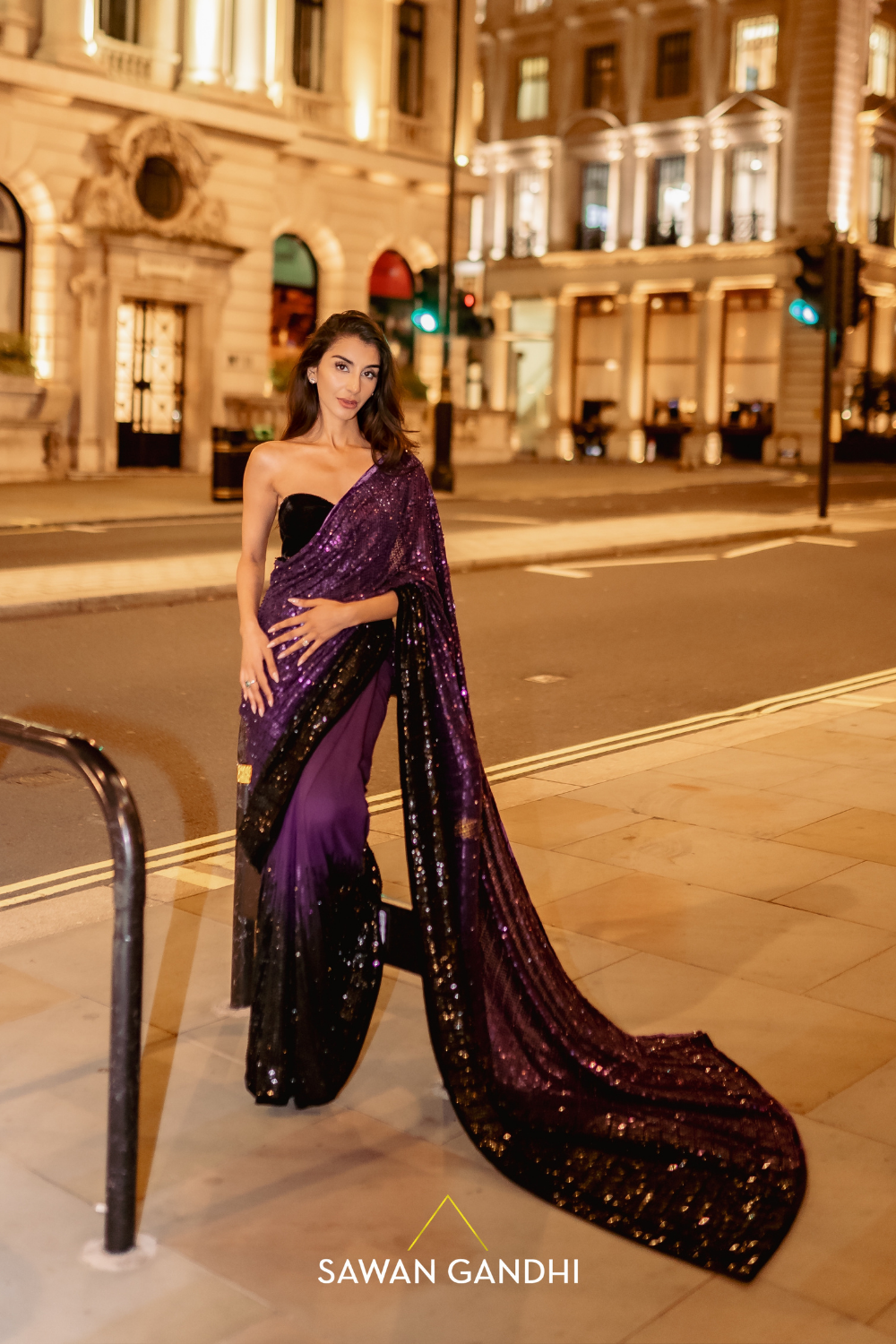 Royal purple to black ombré saree
