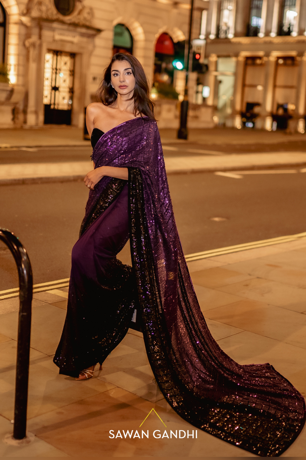 Royal purple to black ombré saree