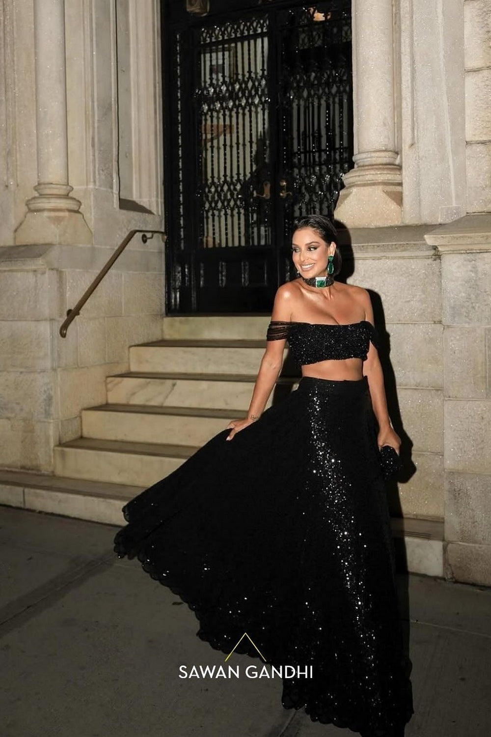 Jessel Tank in Black Sequins Lehenga With Crystal Blouse
