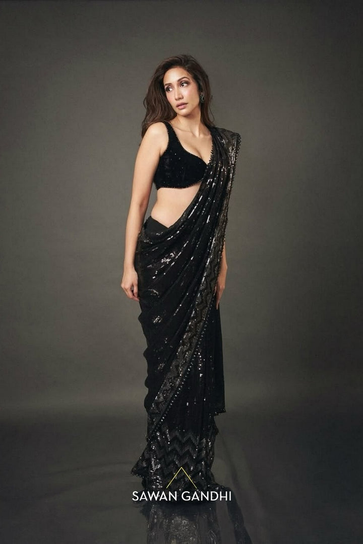 Shreya Chaudhry in Black Silver Chevron Sequin Saree