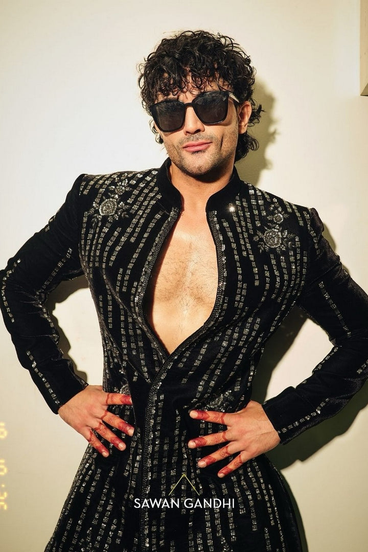 Sahil Salathia in Black Velvet Vertical Lines Bandhgala