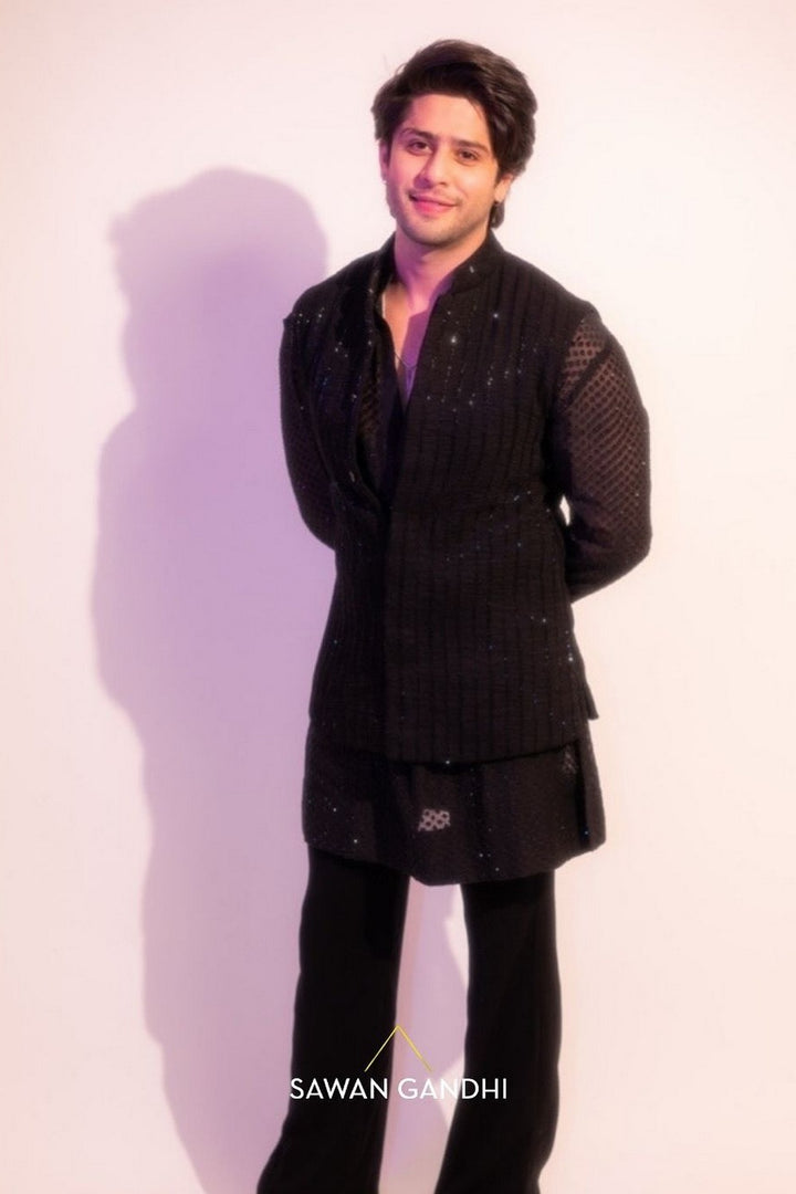 Jibraan Khan in Black Cutdana Lines Nehru With Swarosvki Kurta