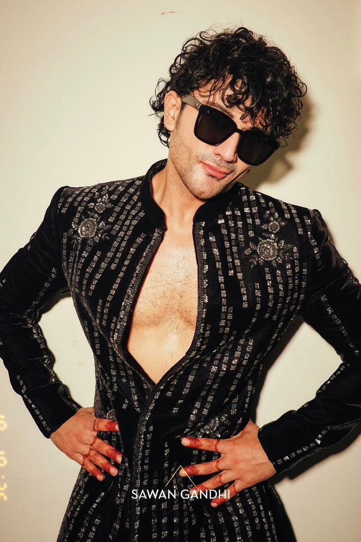 Sahil Salathia in Black Velvet Vertical Lines Bandhgala