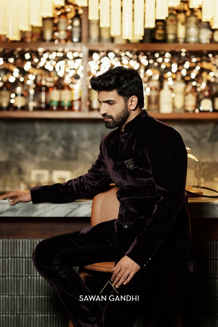 Ayaan Lal in Wine Velvet Bandhgala And Pants