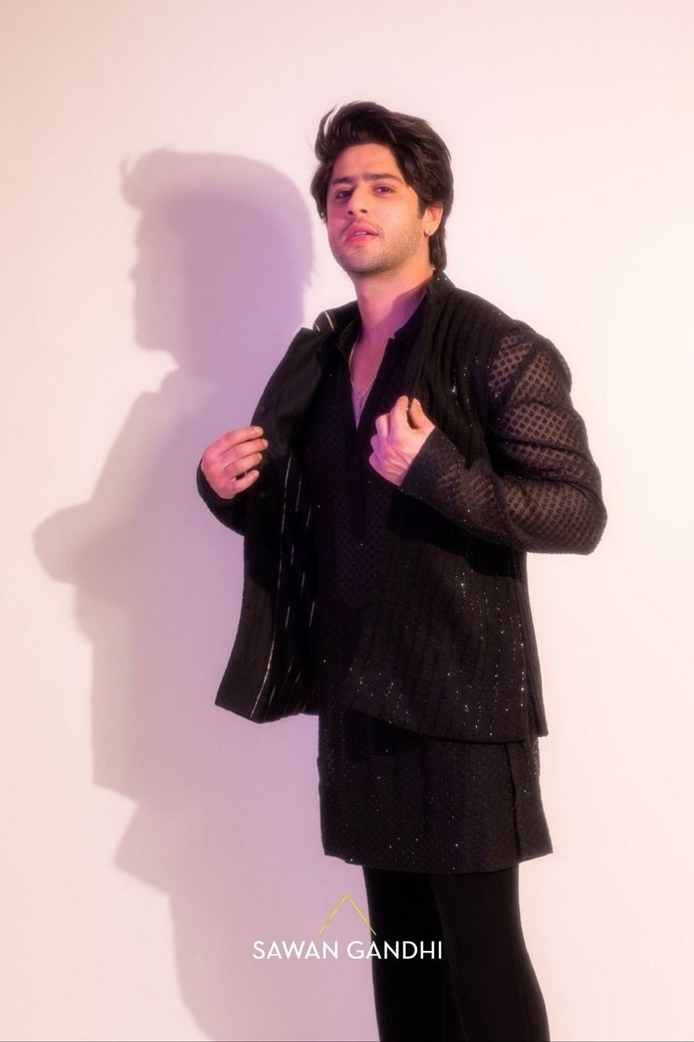 Jibraan Khan in Black Cutdana Lines Nehru With Swarosvki Kurta