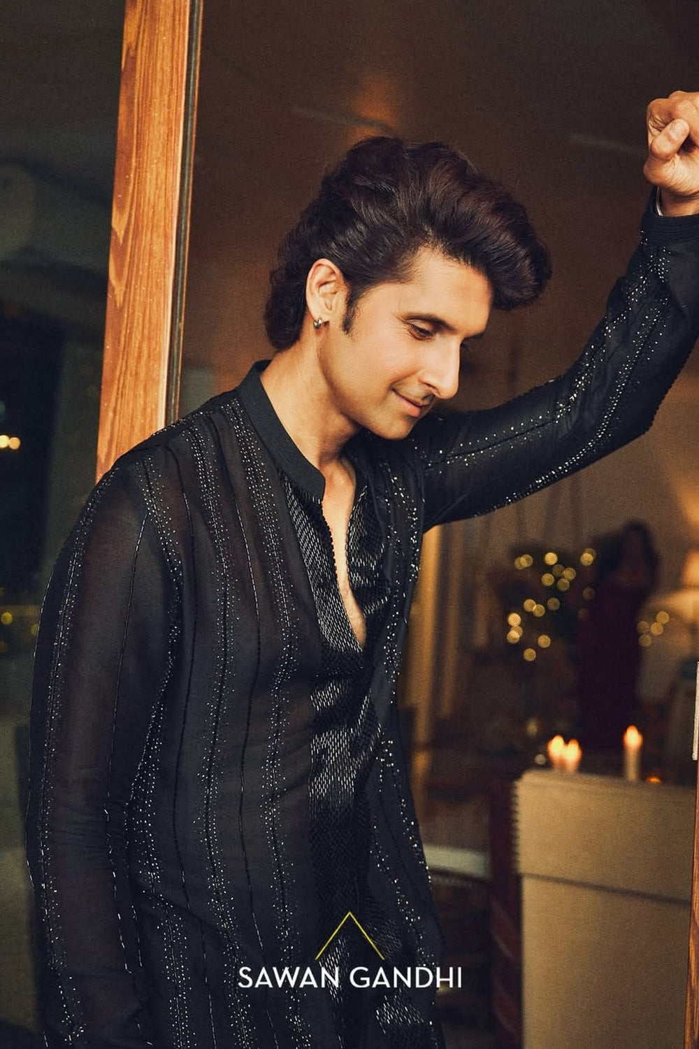 Ravi Dubey in Black Cutdana Stripes Kurta