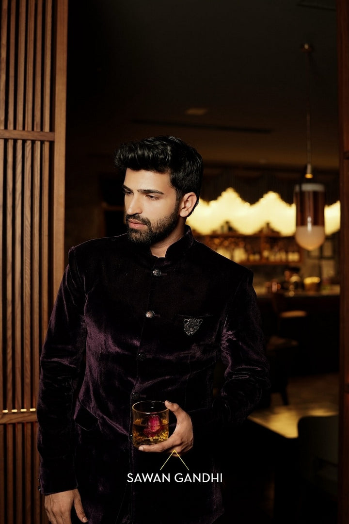 Ayaan Lal in Wine Velvet Bandhgala And Pants