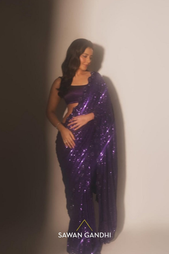Rashi Khanna in Wine sequin saree with applique work