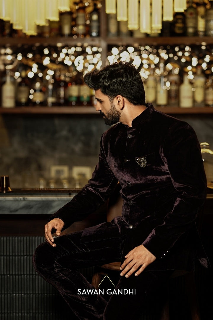 Ayaan Lal in Wine Velvet Bandhgala And Pants