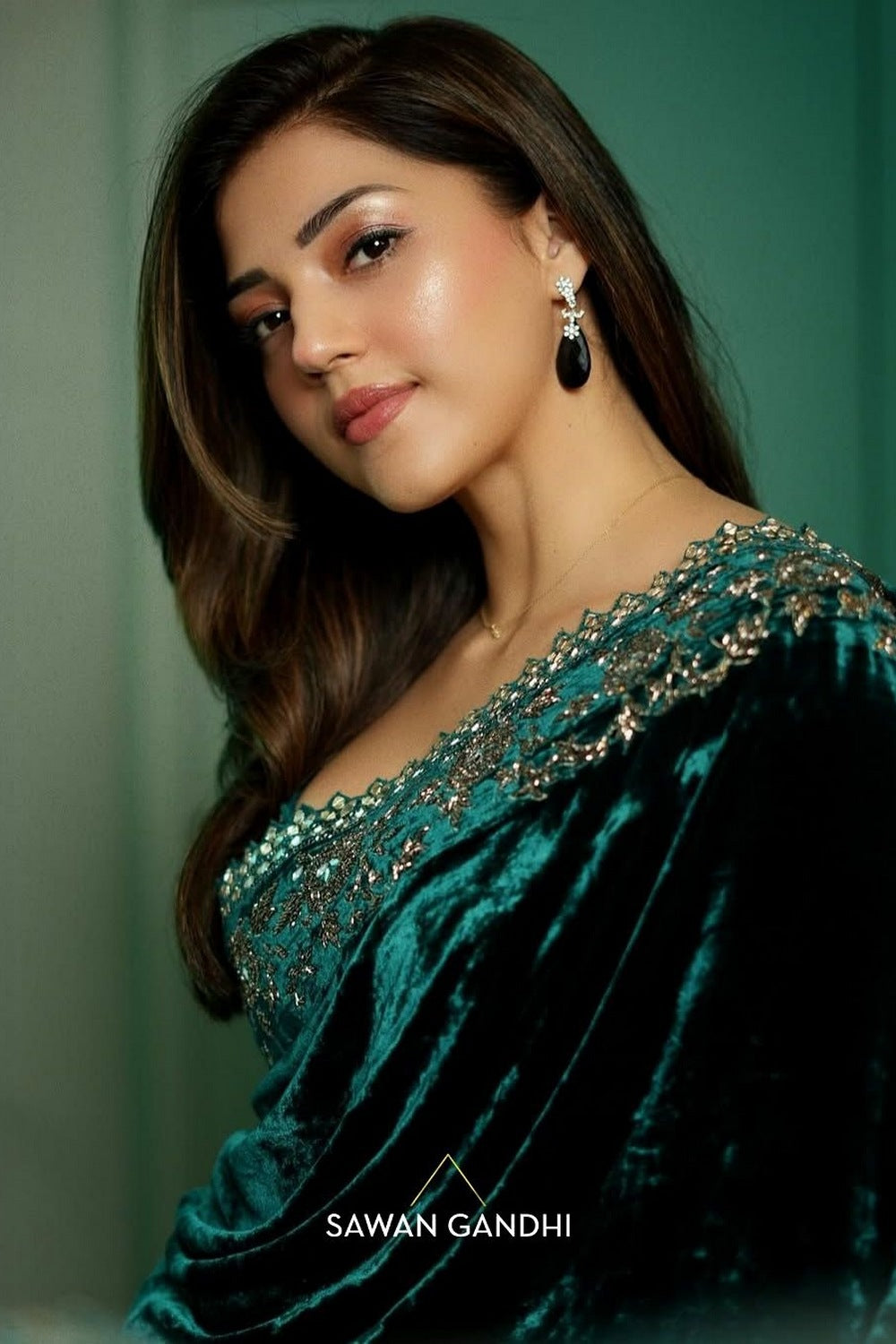 Mehreen Pirzada in Teal Velvet Saree