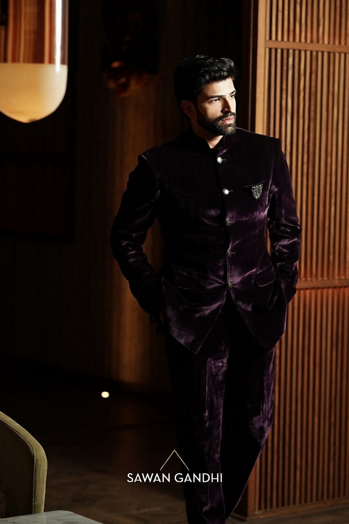 Ayaan Lal in Wine Velvet Bandhgala And Pants