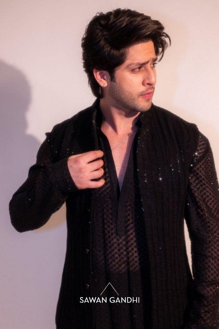 Jibraan Khan in Black Cutdana Lines Nehru With Swarosvki Kurta