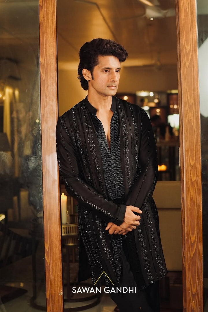 Ravi Dubey in Black Cutdana Stripes Kurta