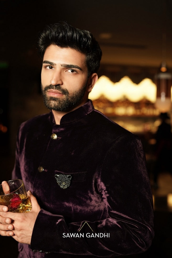 Ayaan Lal in Wine Velvet Bandhgala And Pants