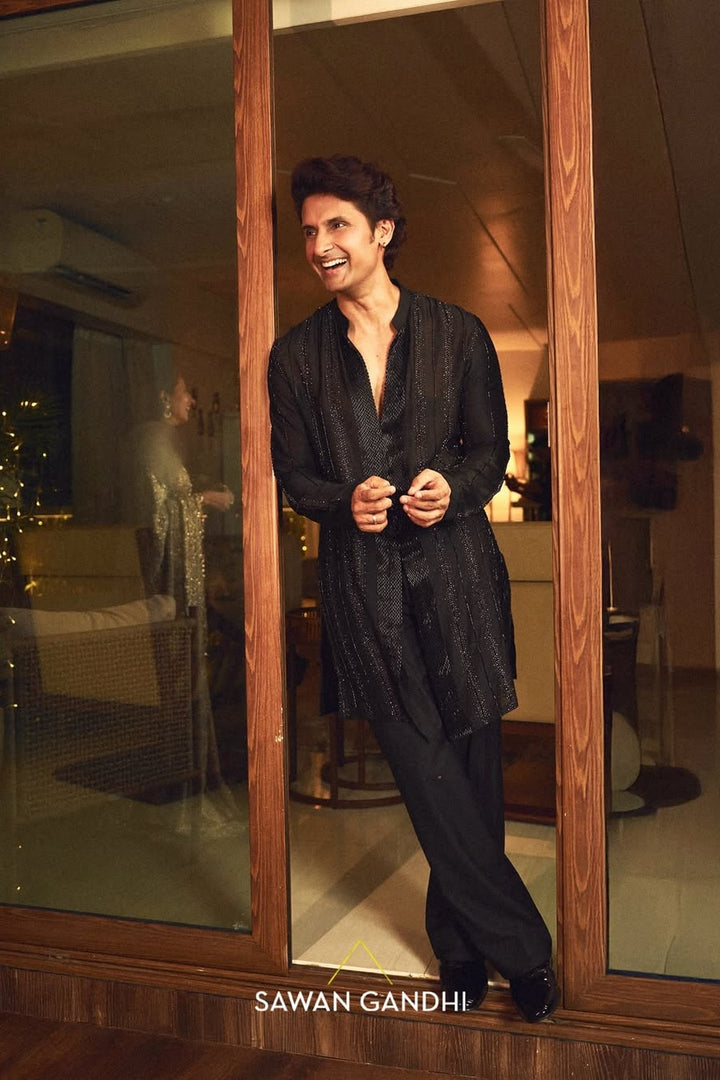 Ravi Dubey in Black Cutdana Stripes Kurta