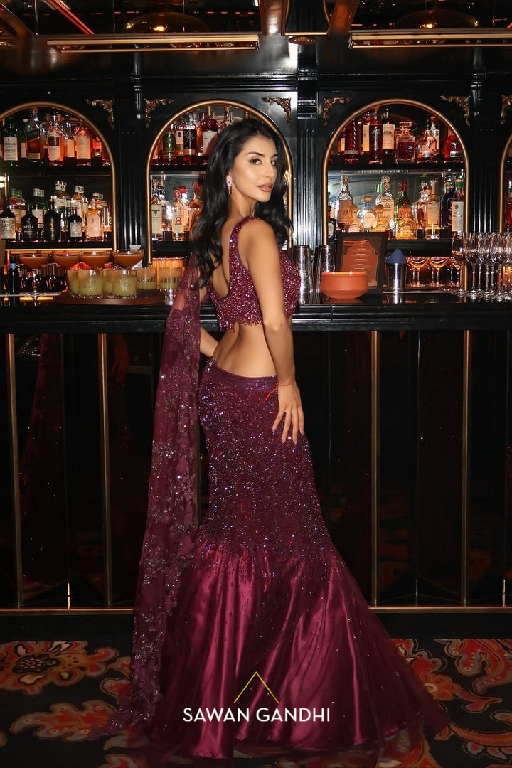 Archana Gosai in Wine Fishcut Swarosvki Lehenga