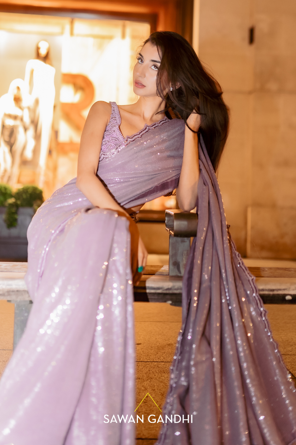 Lavender sequins pearl saree