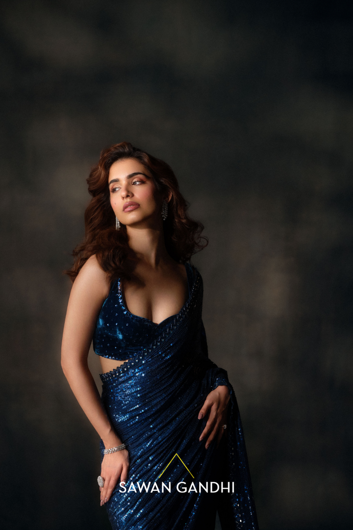 Electric blue to silver ombre saree