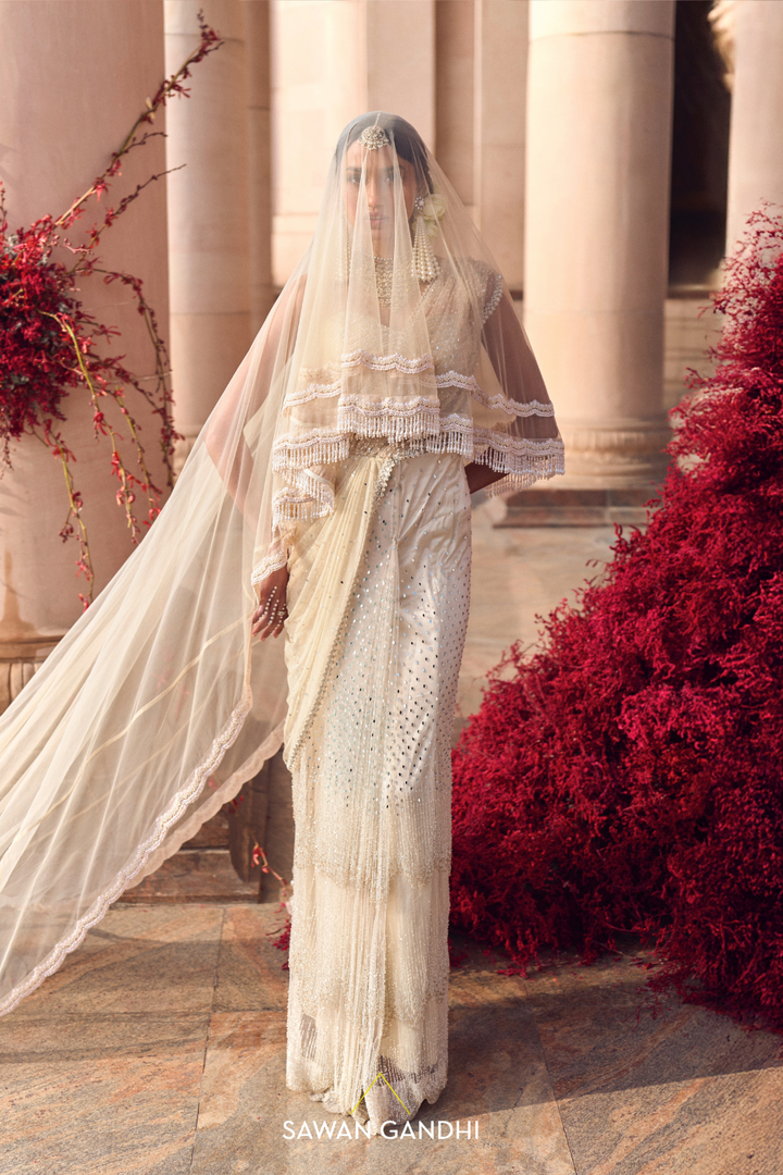 IVORY DRAPED SAREE WITH EMBELLISHED CORSET