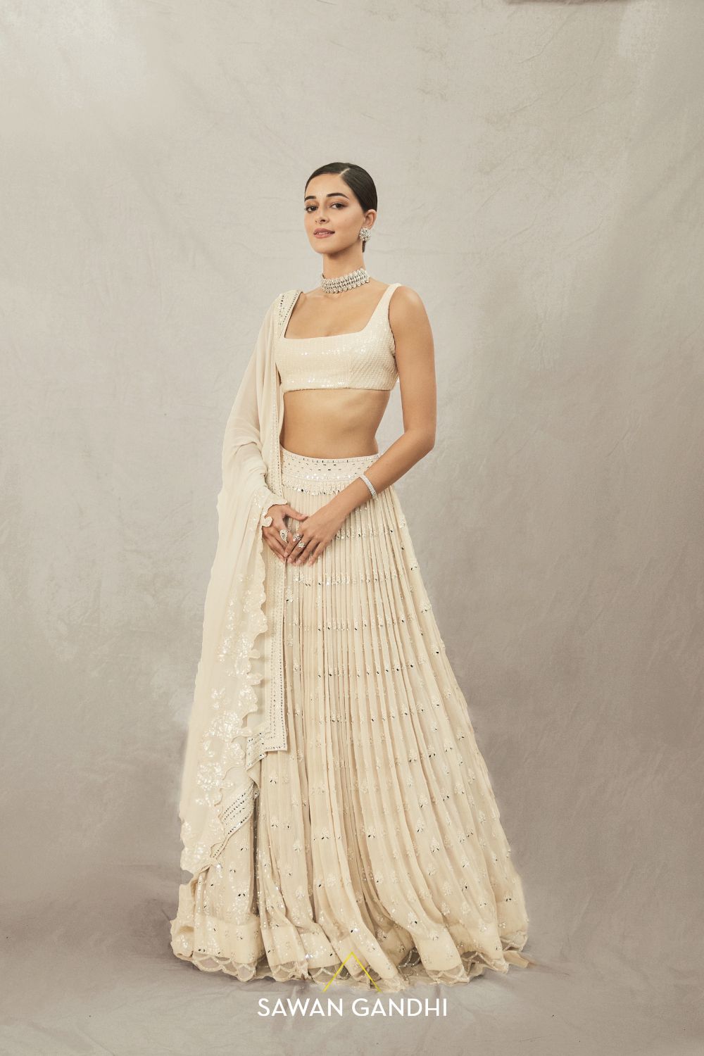 Ananya panday in Beige paani sequins mirror booti lehenga