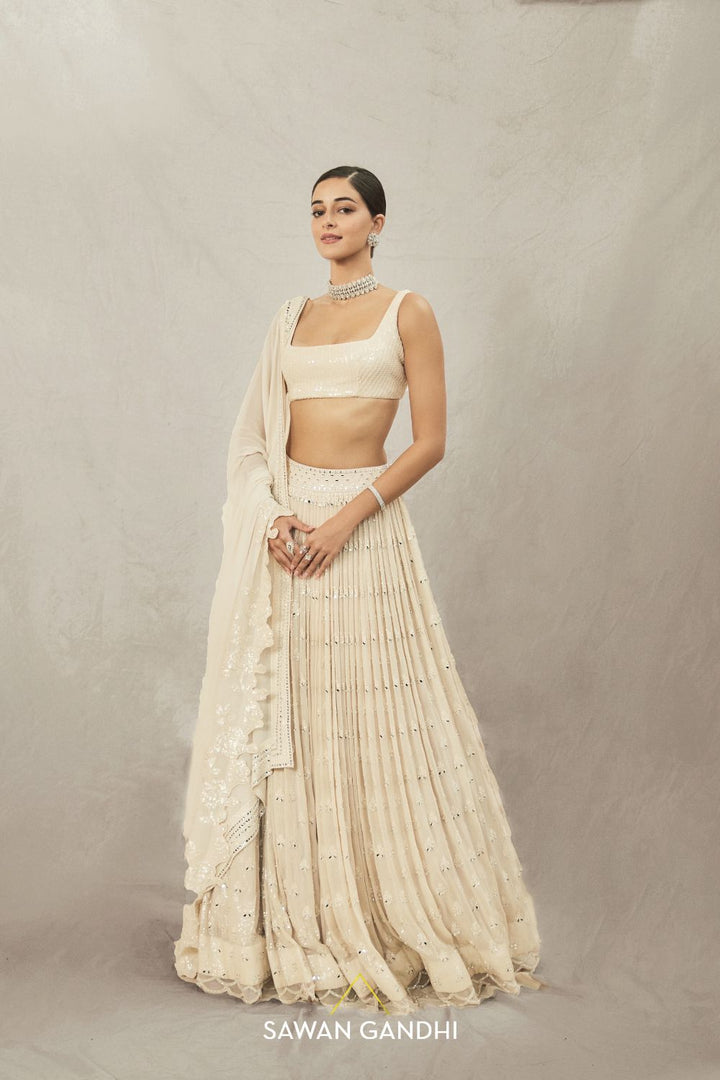 Ananya panday in Beige paani sequins mirror booti lehenga