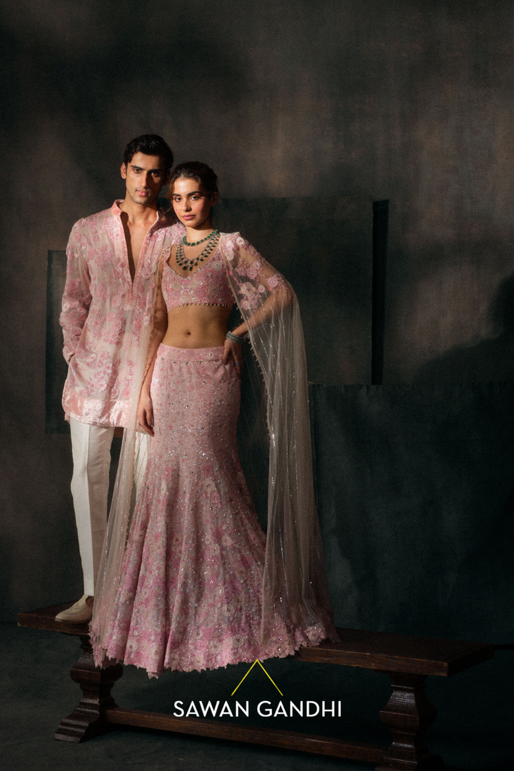 Blush pink fishcut applique lehenga