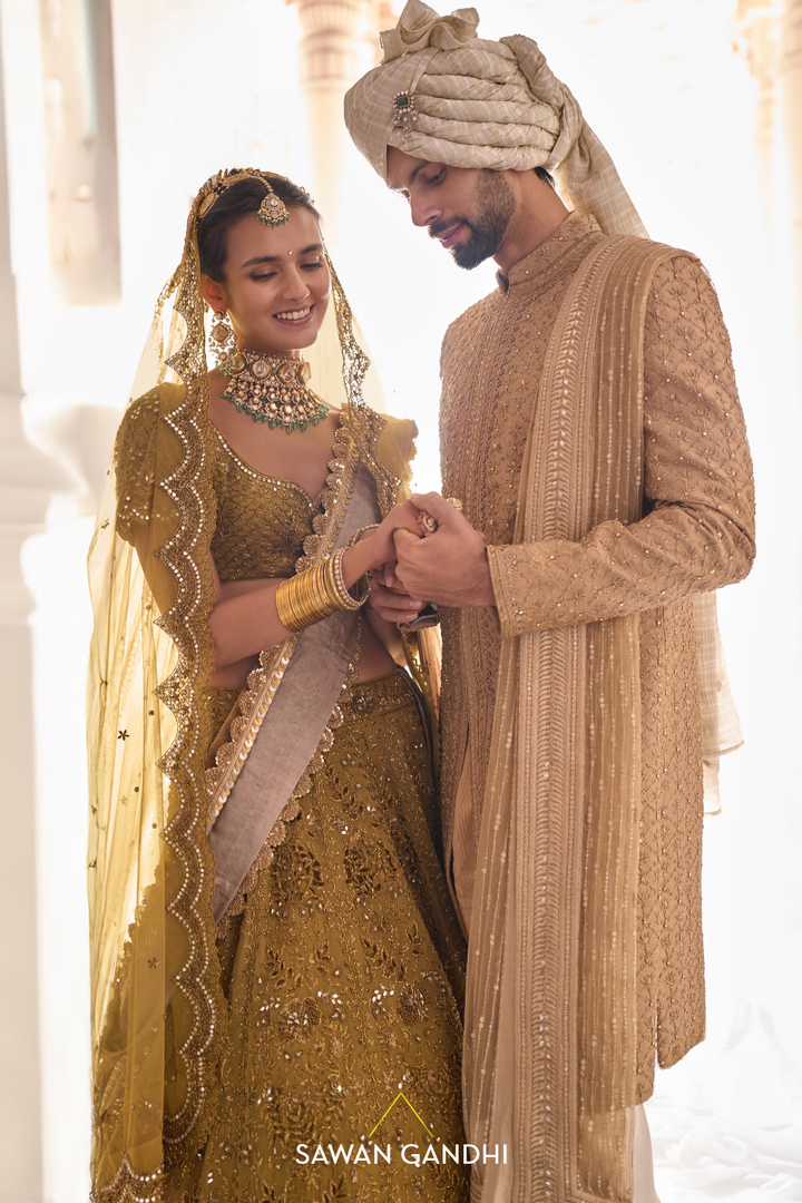 GOLDEN BEIGE LOTUS SHERWANI