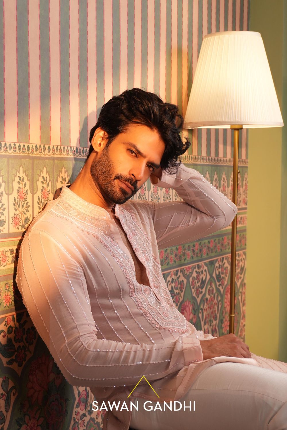 Gaurav in Peach chikankari kurta