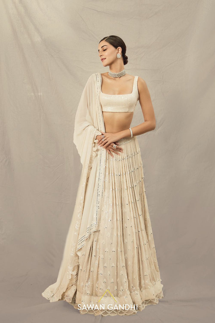 Ananya panday in Beige paani sequins mirror booti lehenga