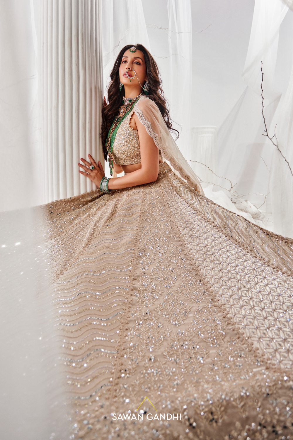 Nora Fatehi in Gold beige beadwork lehenga XXL Nora Fatehi in Gold beige beadwork lehenga XXL