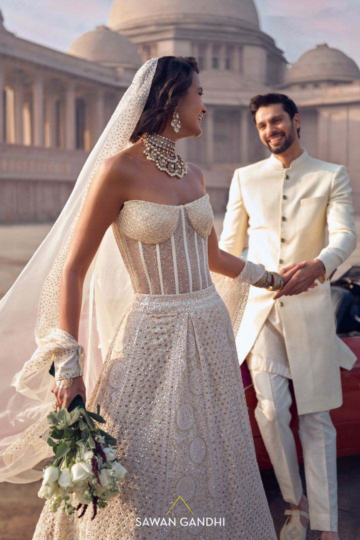 PEARL WHITE CHIKANKARI LEHENGA WITH CORSET