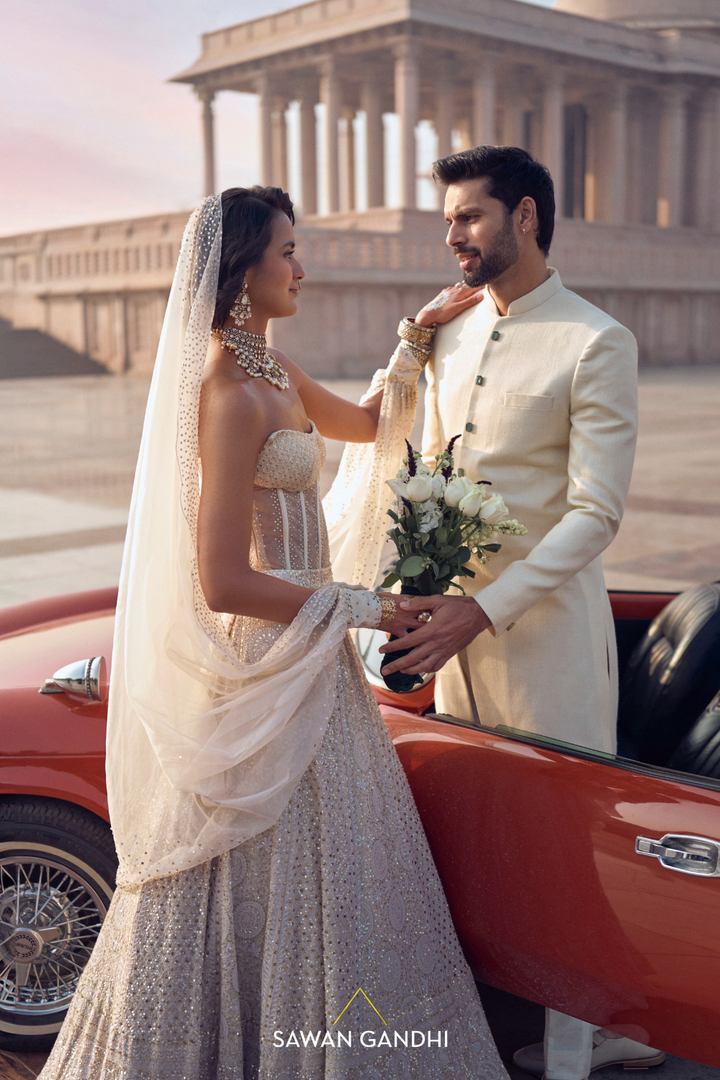 PEARL WHITE CHIKANKARI LEHENGA WITH CORSET