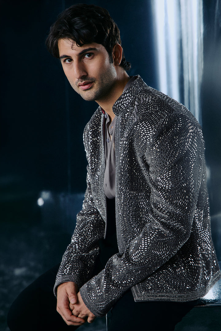 Ash grey swarovski Bandhgala set