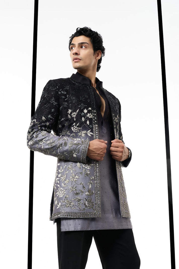 Ombre black to grey beaded indowestern set