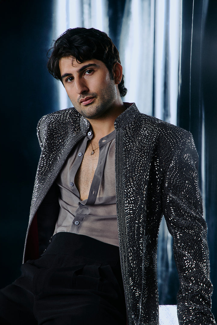 Ash grey swarovski Bandhgala set