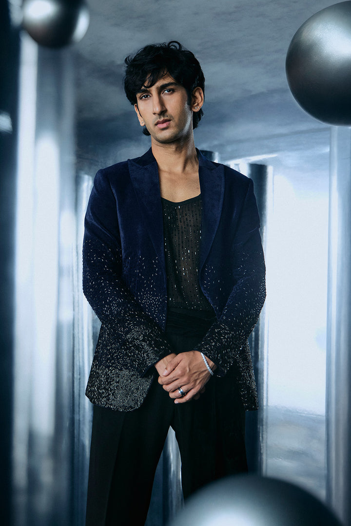 Blue jacket with bottom half embroidery