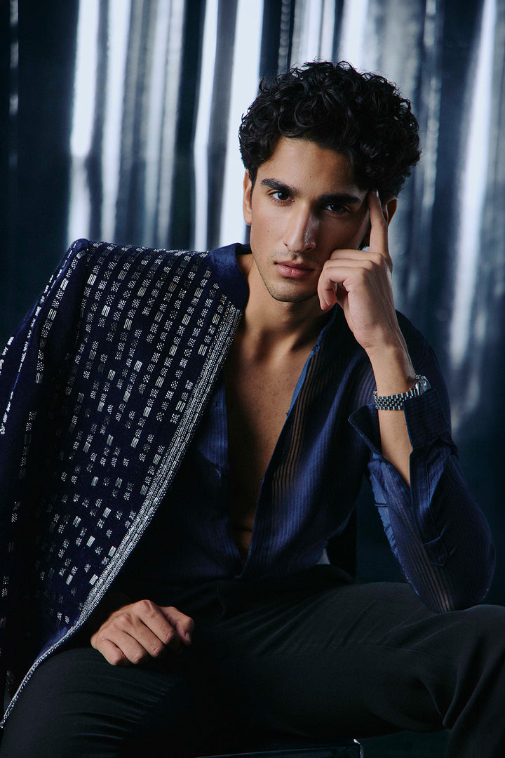 Blue velvet falling star Bandhgala set