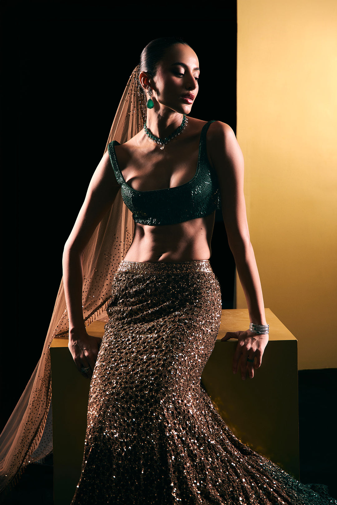gold to green fishcut lehenga