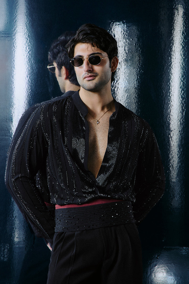 Black Cutdana swarovski lines shirt set