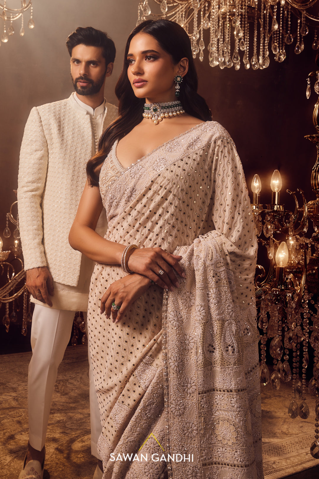 Off-white chikankari saree set