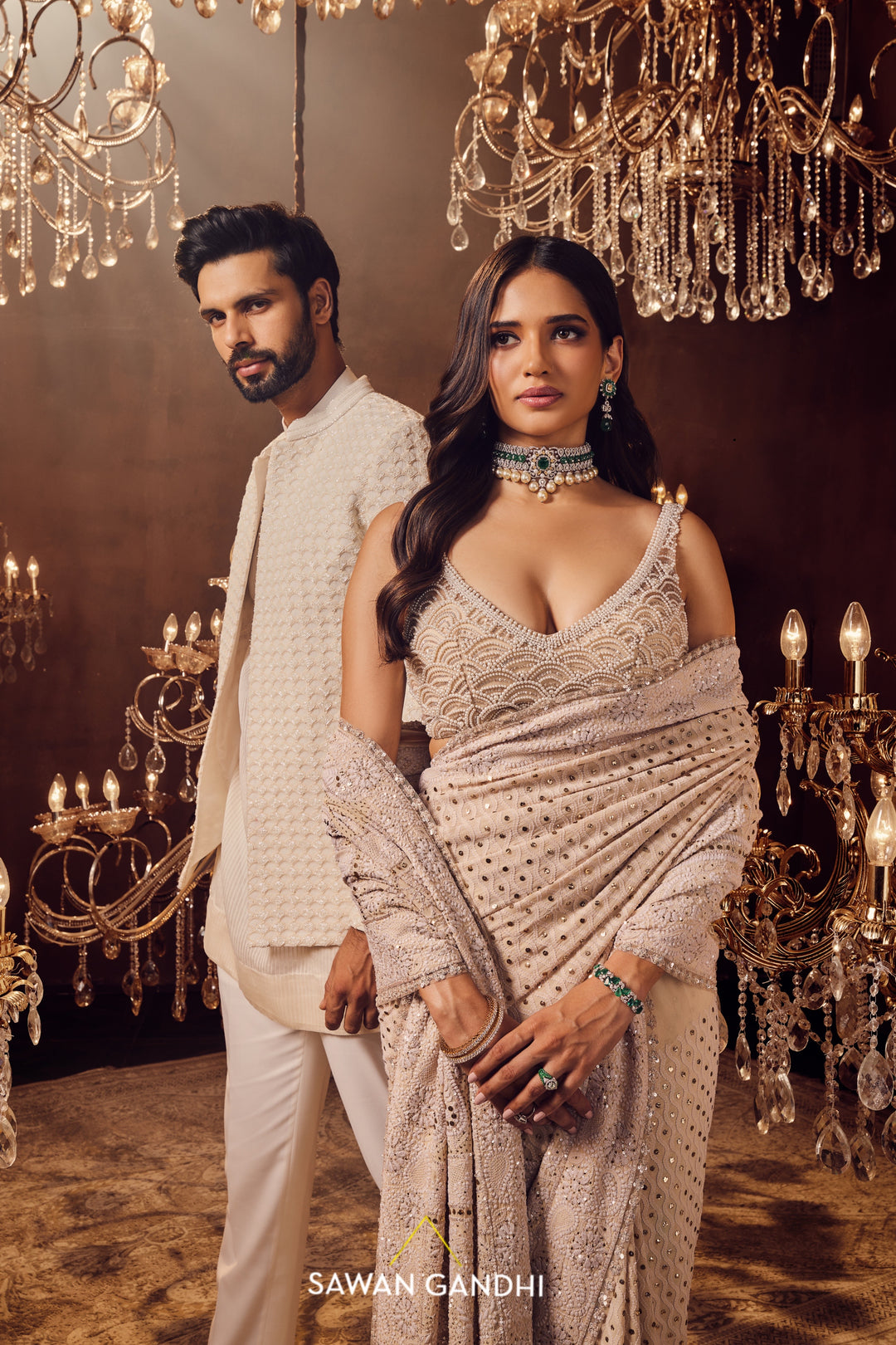 Off-white chikankari saree set